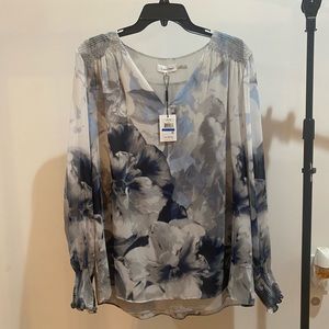 Calvin Klein Blue Watercolor Flower Print Long Sleeve Blouse size XL